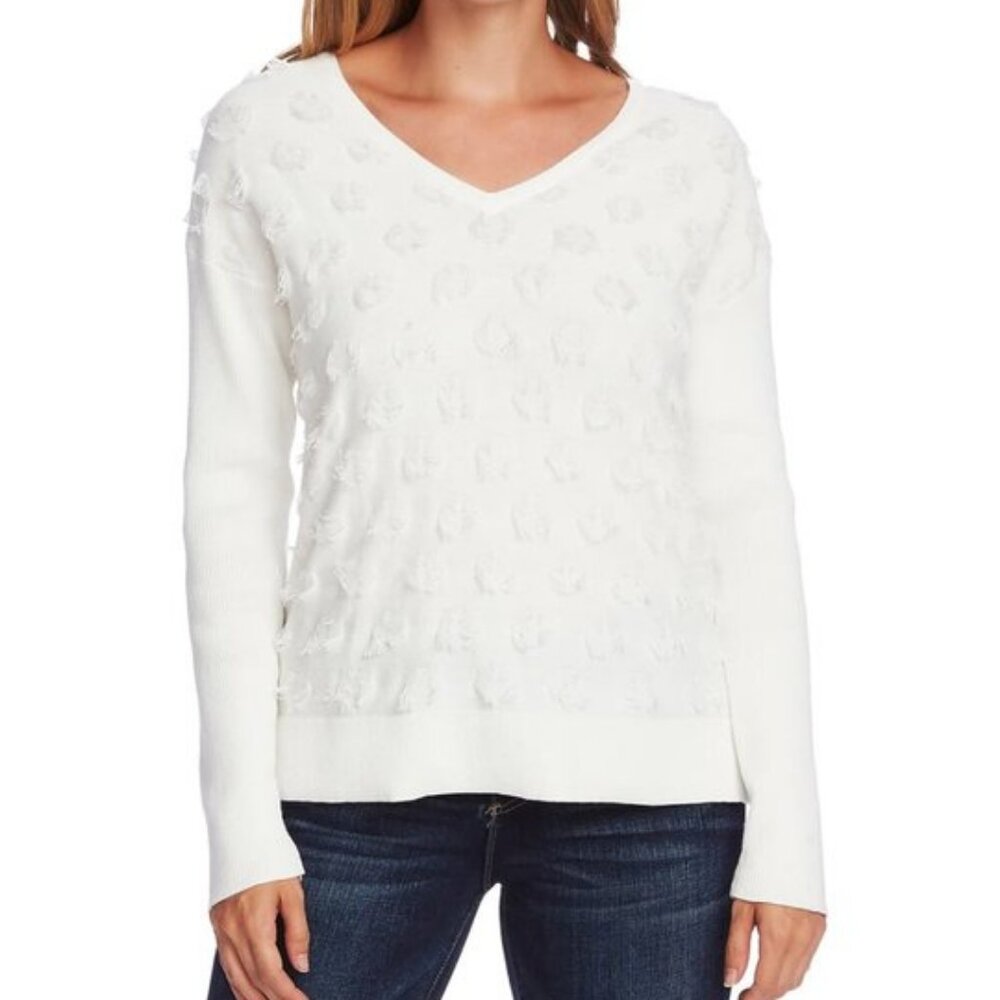 Vince Camuto White Cotton V-neck Distressed Look Sweater